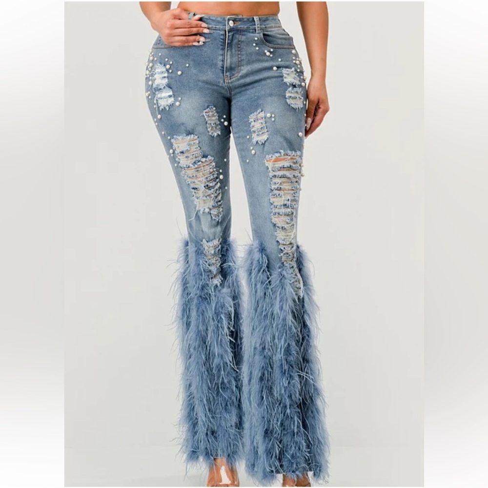 Athina Distressed Pearl Embellished Feather Detail Jeans